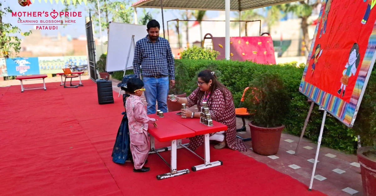 Child participating in outdoor learning activity with teacher in a playful environment